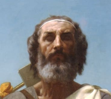 Κεφαλή Ομήρου. Λεπτομέρεια από ελαιογραφία. Μέτωπο στεφανωμένο με κορδέλα. Κλειστά μάτια. Πίσω από το κεφάλι, φαίνεται μία άκρη από τη λύρα που φέρνει μαζί του ο τυφλός ραψωδός.